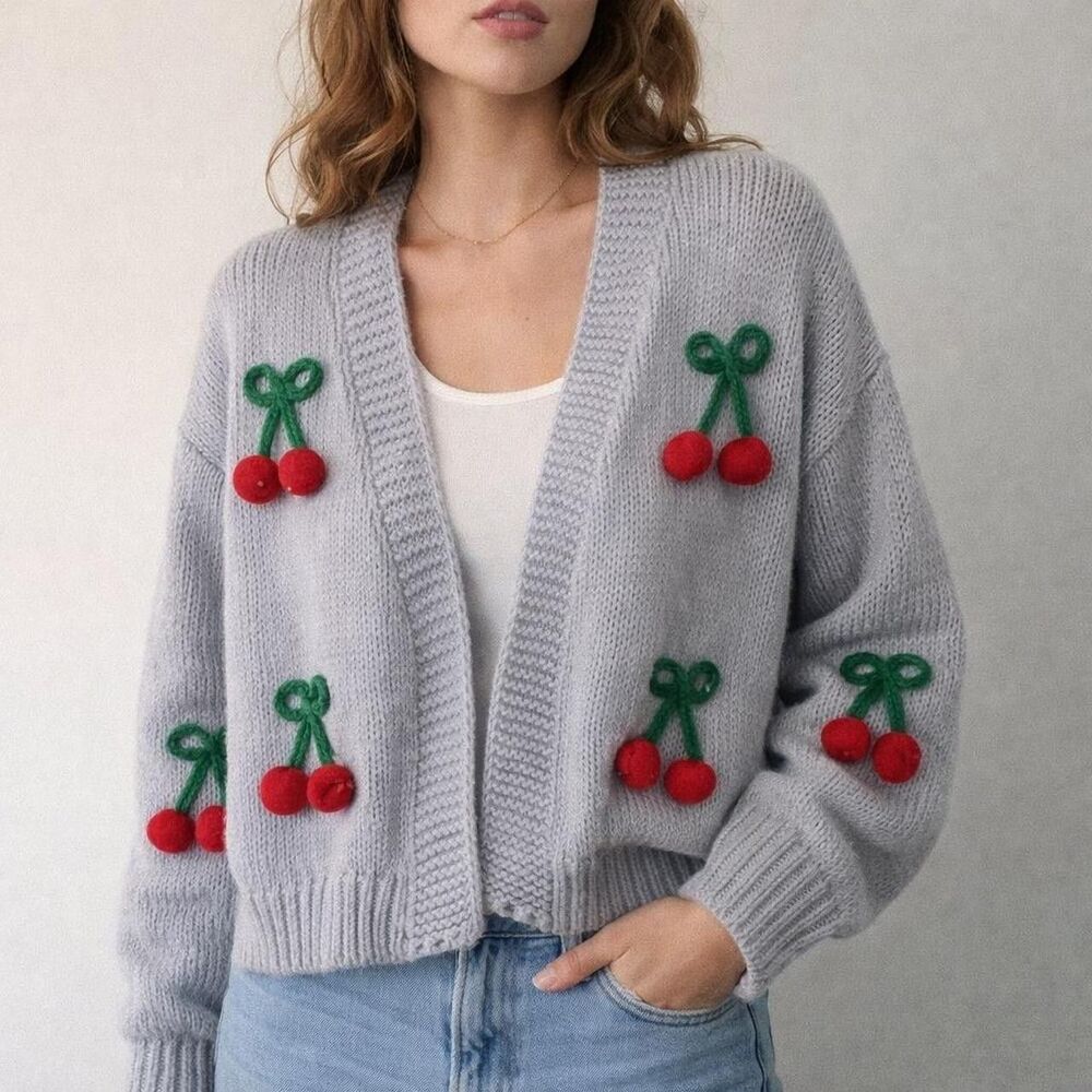 Ivy Luna Cottage Cherry Open Cardigan Size Medium Blue Gray Knit Pom Pom Cute
